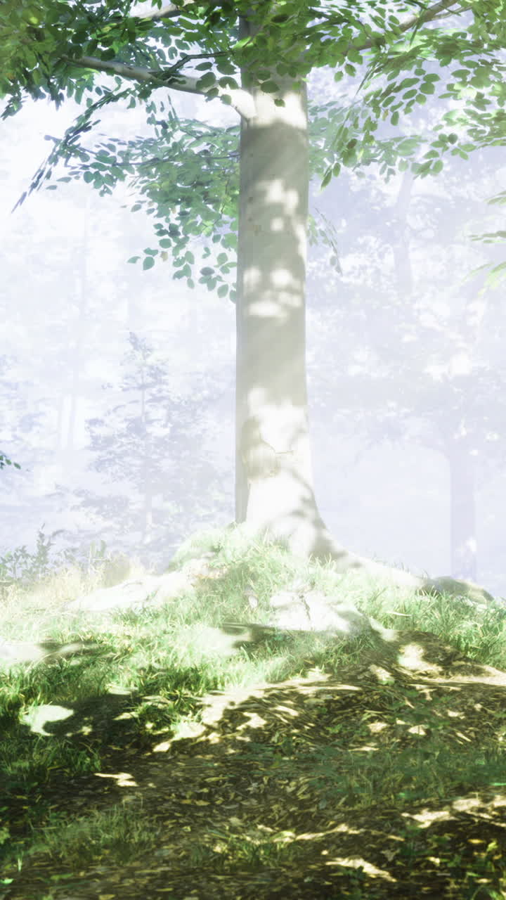 Mysterious fog envelops a serene forest during gentle morning light