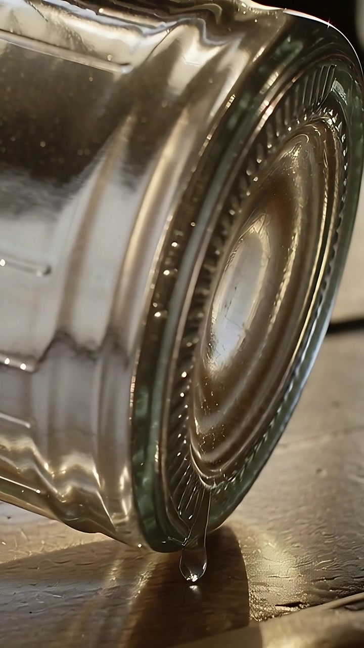 Vertical video: Dripping jar releasing droplet onto wooden table as tension pulling, leaving beads