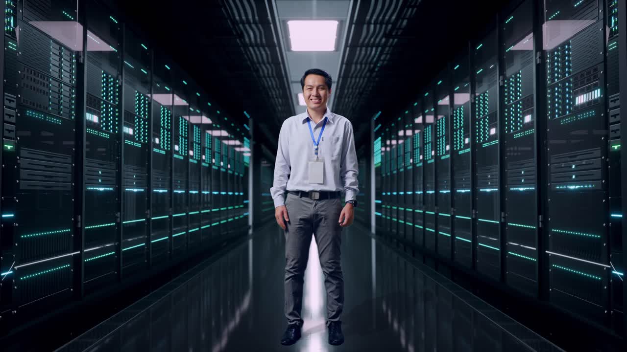 Helkropsbillede af en asiatisk mandlig professionel arbejder, der står i et serverrum i et datacenter. Han kigger ind i kameraet og smiler.