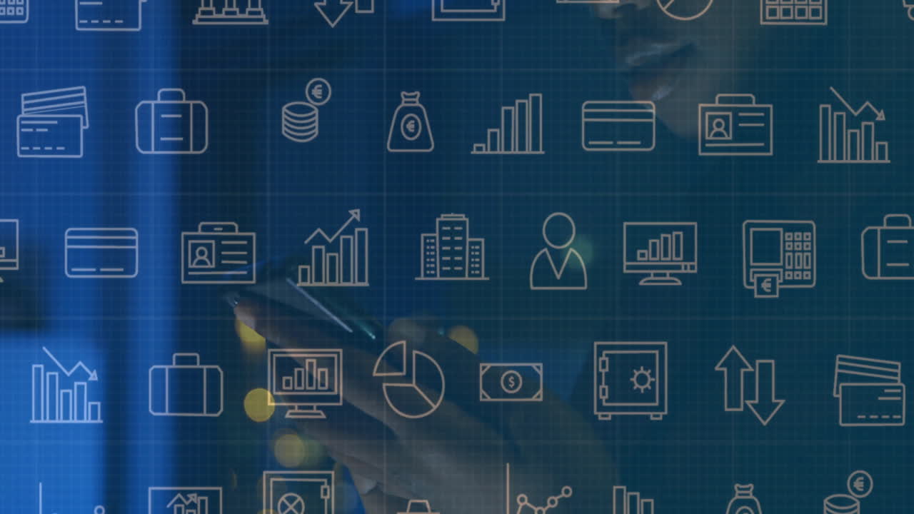 Woman exploring smartphone interface for finance, showing animated charts and money bag icons