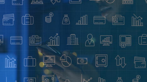 woman exploring smartphone interface for finance, showing animated charts and money bag icons
