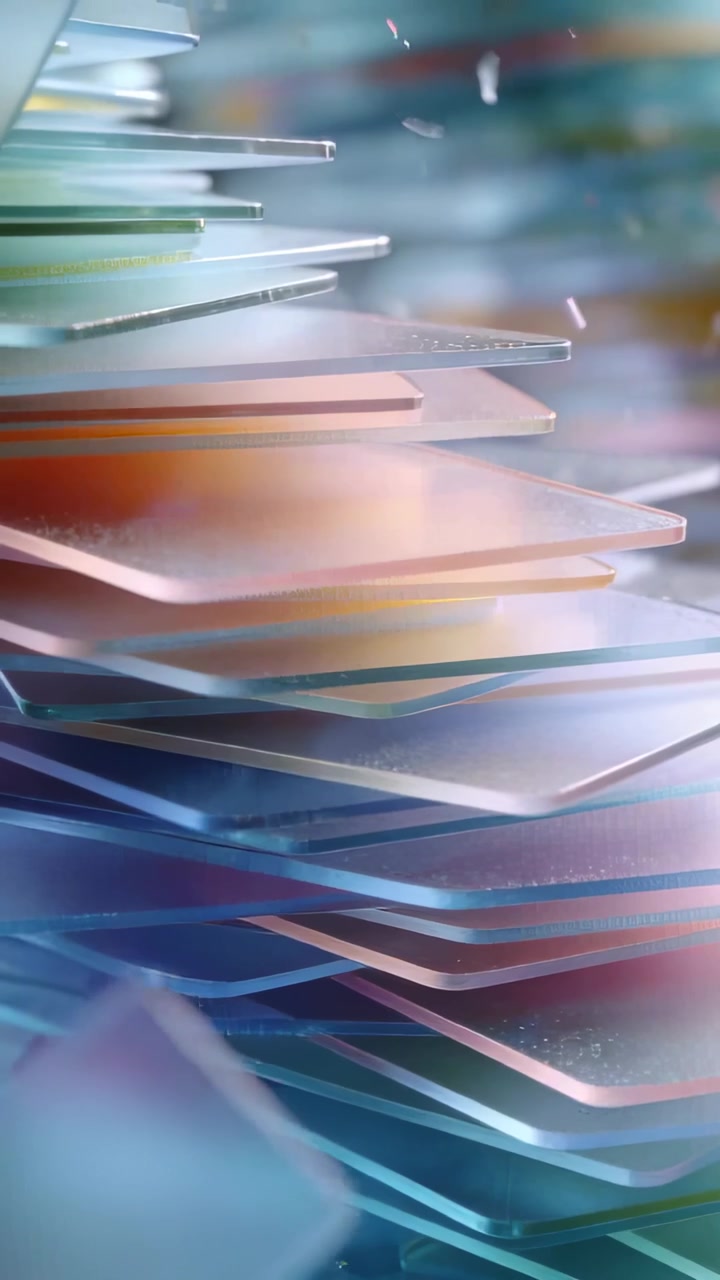 Vertical video: Panning camera revealing stack of thin panes at studio showing layered reflections