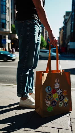 person holding a paper tote bag on a city street