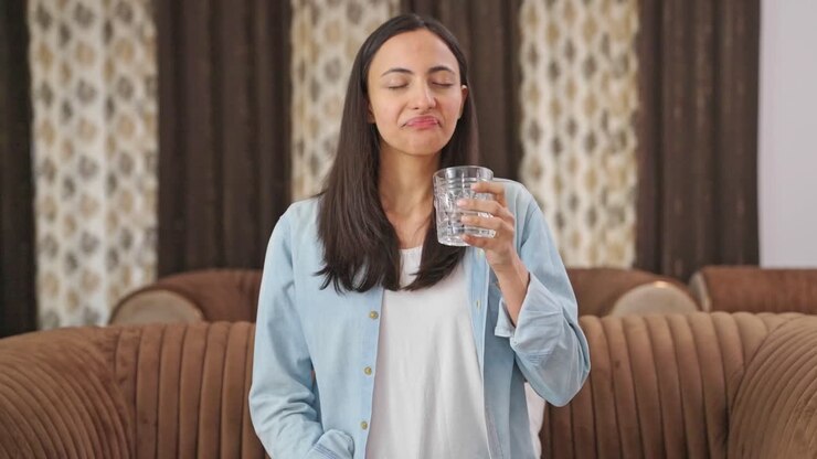 mujer india feliz tomando una medicina