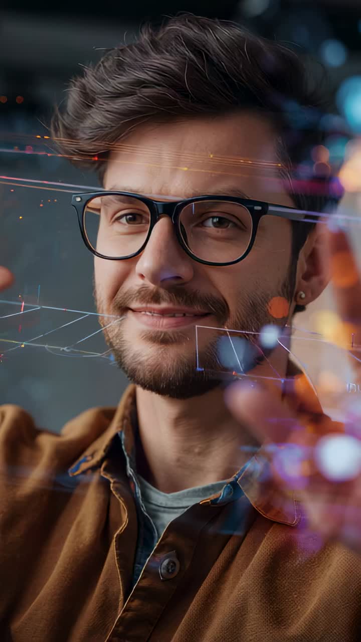 Vertical video: Eyes opening, man in brown shirt glasses using hologram in office, locking display