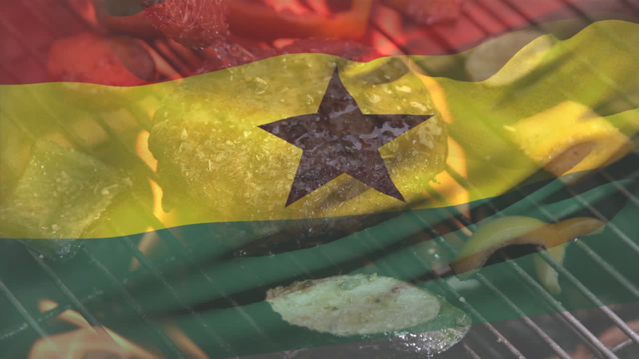 바베큐에 있는 고기 위에 가하나의 발의 애니메이션