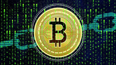 animación del símbolo de bitcoin y la cadena de bloques sobre un fondo negro con letras verdes
