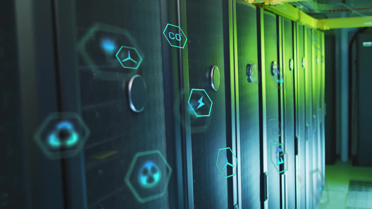 Animation of ecology icons over server room