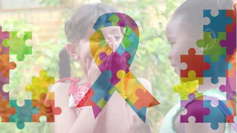 Animation-of-multicolored-puzzle-pieces-forming-ribbon,-diverse-girl-whispering-in-ear-of-other-girl