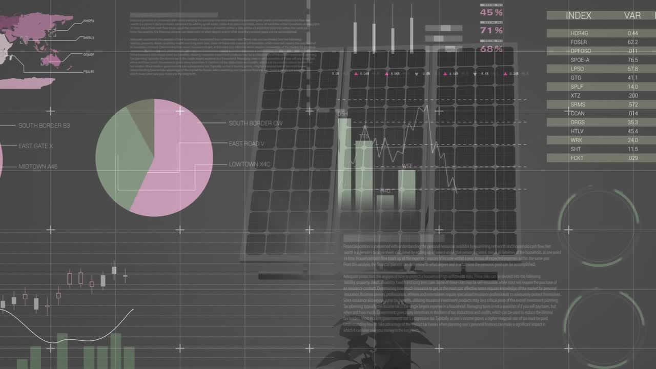 Opening on solar panel array, gauges animating charts and map emerging analytic dashboard forming