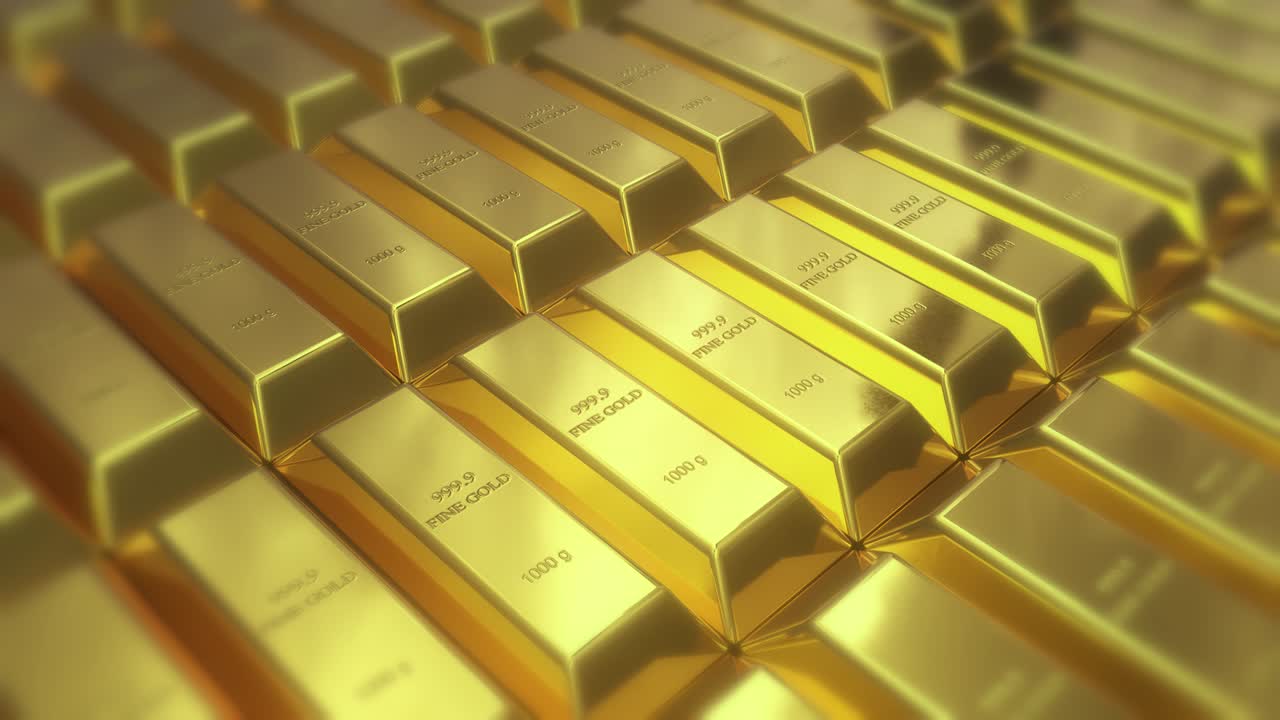 Close-up shot of stacks of gold bars 1000 grams, 3d rendering dolly shot from left to right, motion looping concepts of success in business and finance.