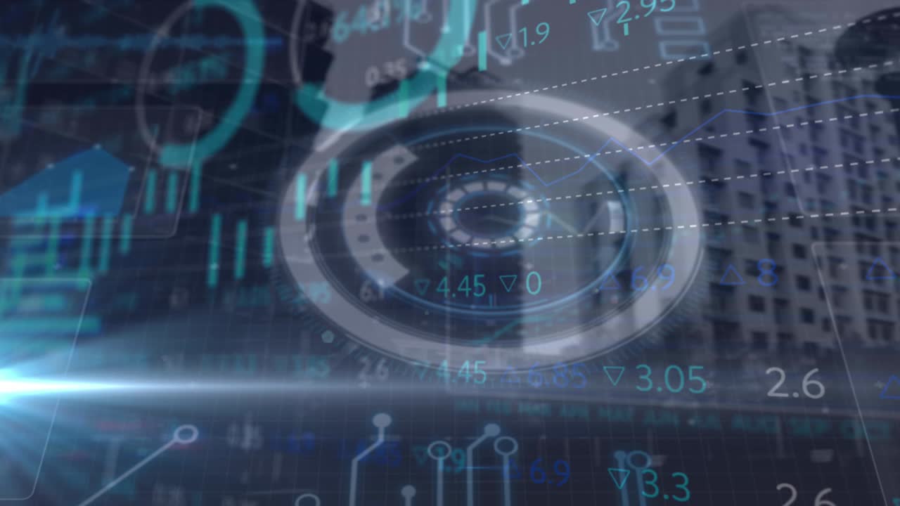 procesamiento de datos del mercado de valores y escáner redondo contra edificios altos en el fondo