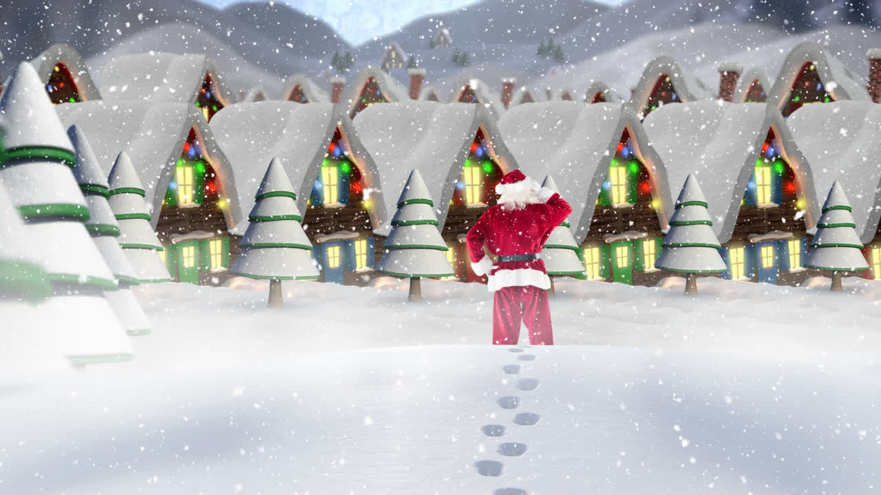 산타클로스의 뒷면과 겨울 풍경의 여러 집과 나무에 눈이 내리고 있습니다.