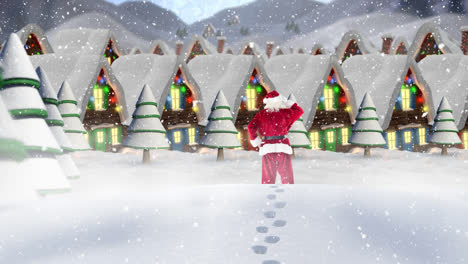 Snow-falling-over-rear-view-of-santa-claus-and-multiple-houses-and-trees-on-winter-landscape