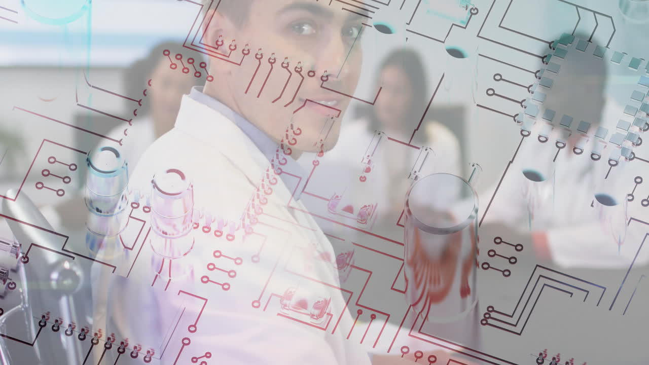 Scientists working in laboratory with circuit board animation overlay in background