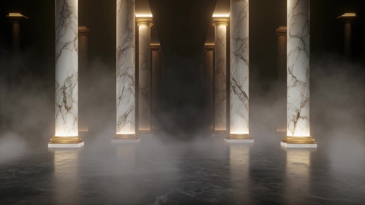 Marble Columns in a Dark Hallway with Fog