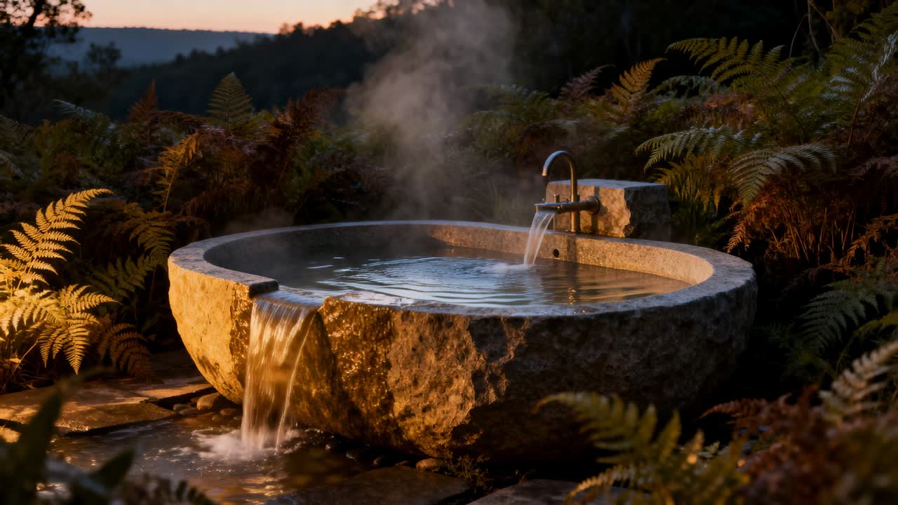 Un beccuccio metallico che versa riempiendo una vasca da bagno rotonda in pietra intagliata al crepuscolo, creando vapore per il relax