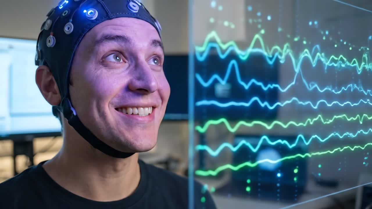 Uomo con cappuccio EEG e display futuristico di onde cerebrali