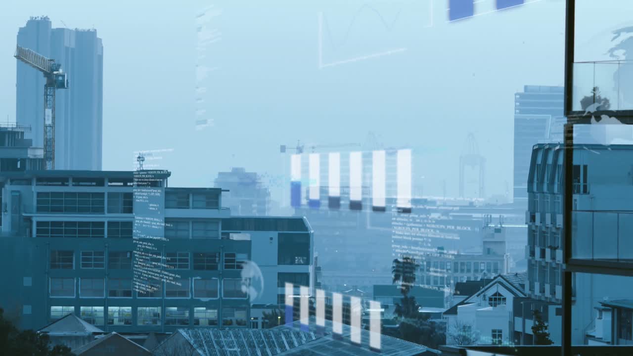 金融數據處理動畫，覆蓋城市景觀