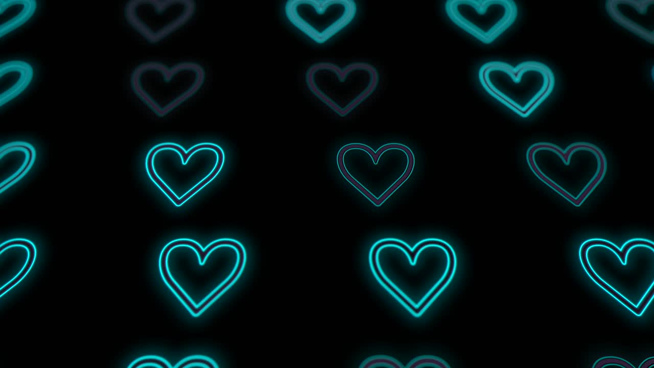 Pulsing neon blue hearts pattern in rows