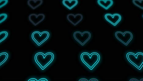 Pulsing-neon-blue-hearts-pattern-in-rows