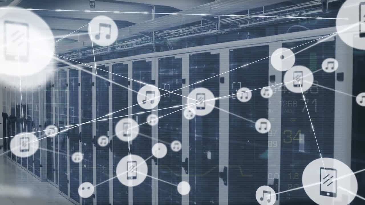 Animation of network of connections with icons and data processing over server room