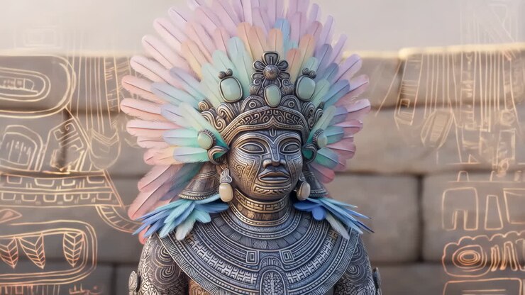 Antica Scultura di Divinità Mesoamericana con Copricapo di Piume