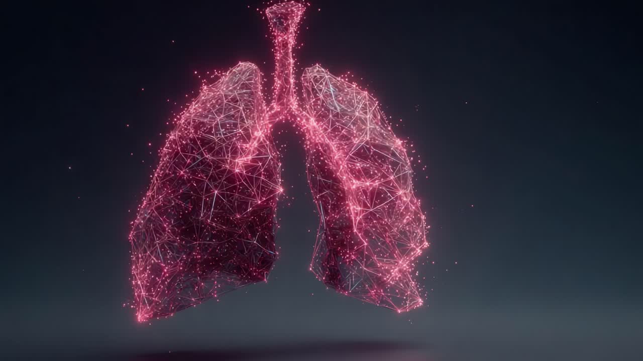 Una visualizzazione straordinaria dei polmoni in un formato digitale futuristico, che mette in mostra la complessa rete di strutture che rappresentano la funzionalità respiratoria e la salute