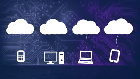 animation of clouds with media icons over network of connections