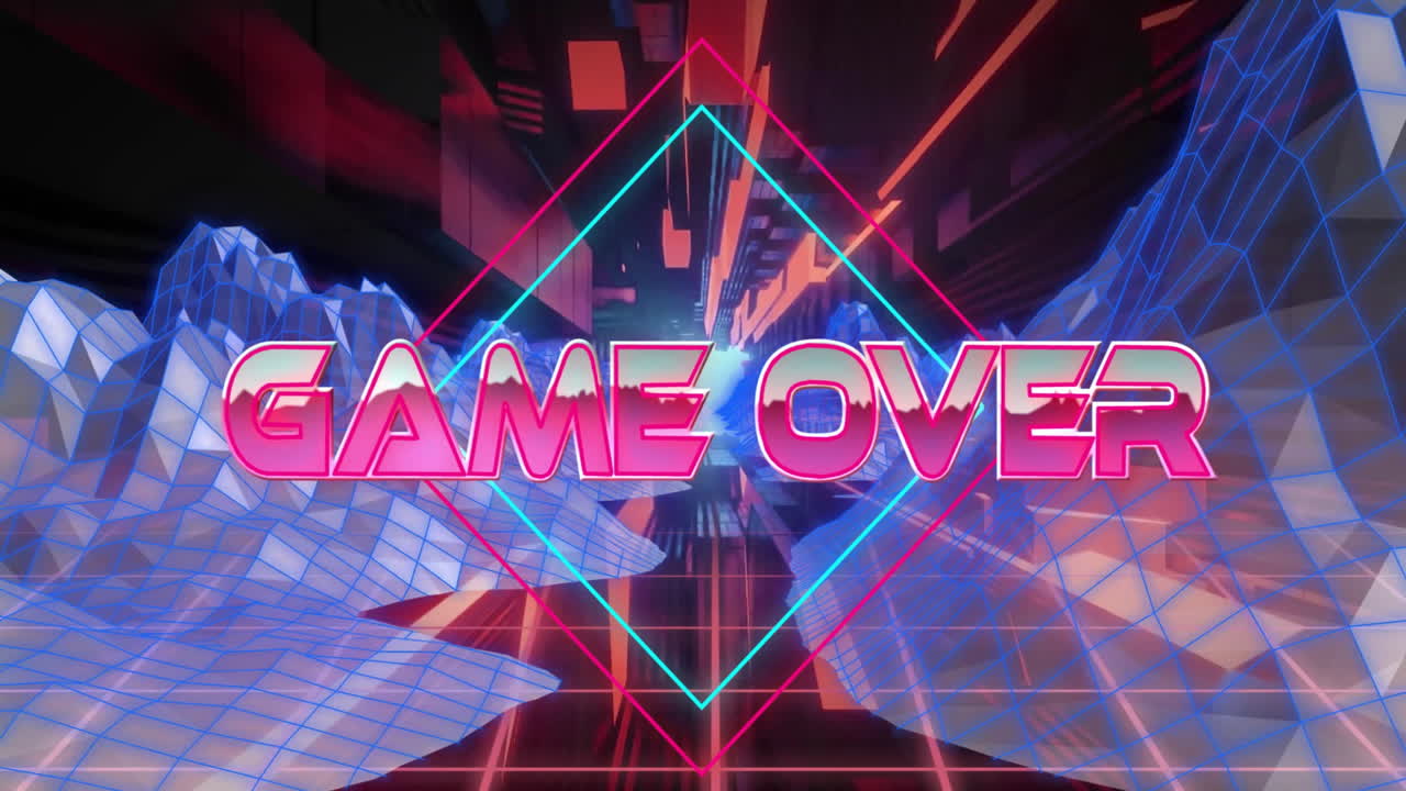 Game Over text over neon geometric shapes and futuristic landscape in animation