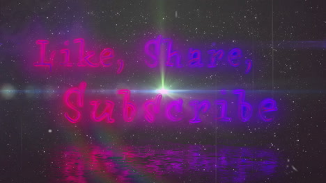glowing animation of neon text like, share, subscribe over starry night sky