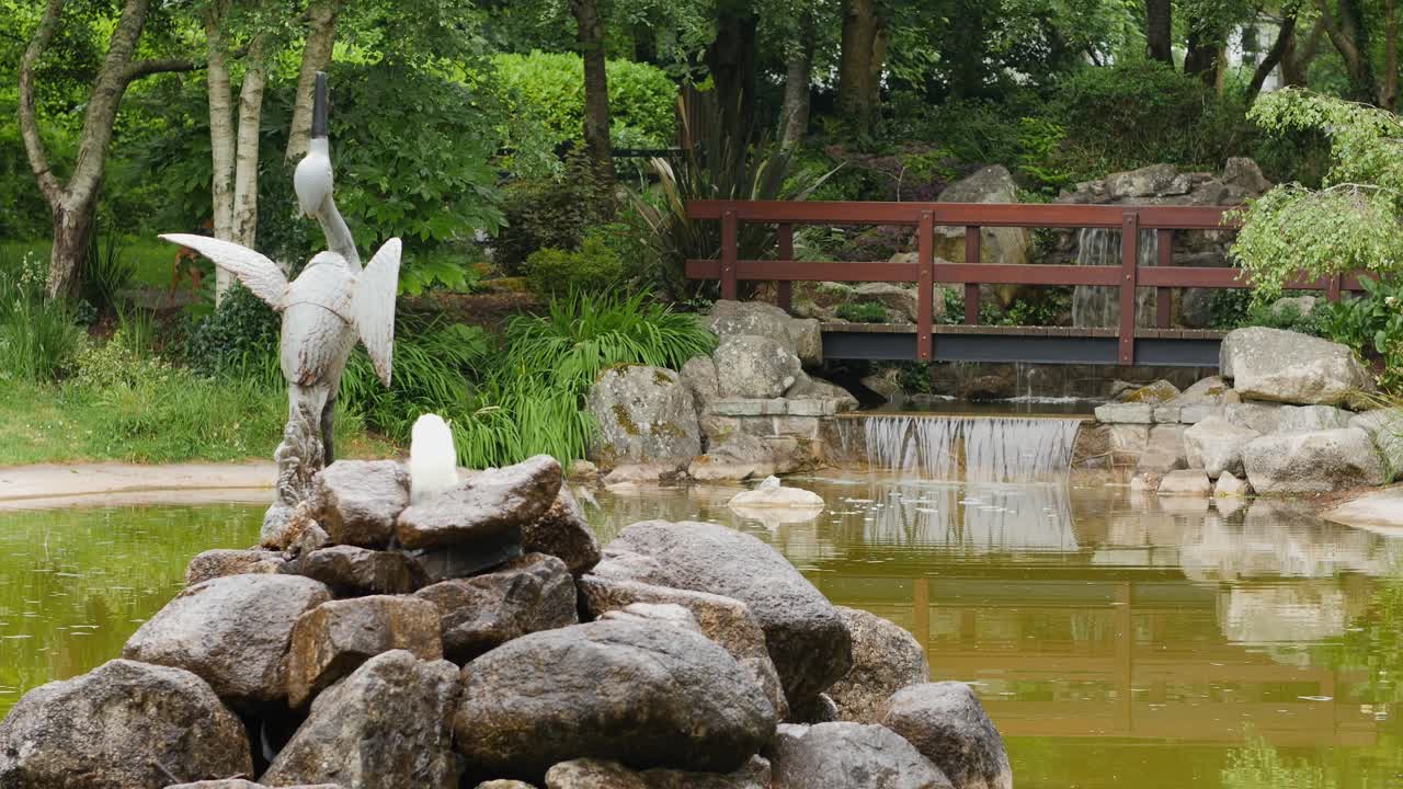 여자와 개가 우아하게 생명의 원에서 나무 다리를 건너