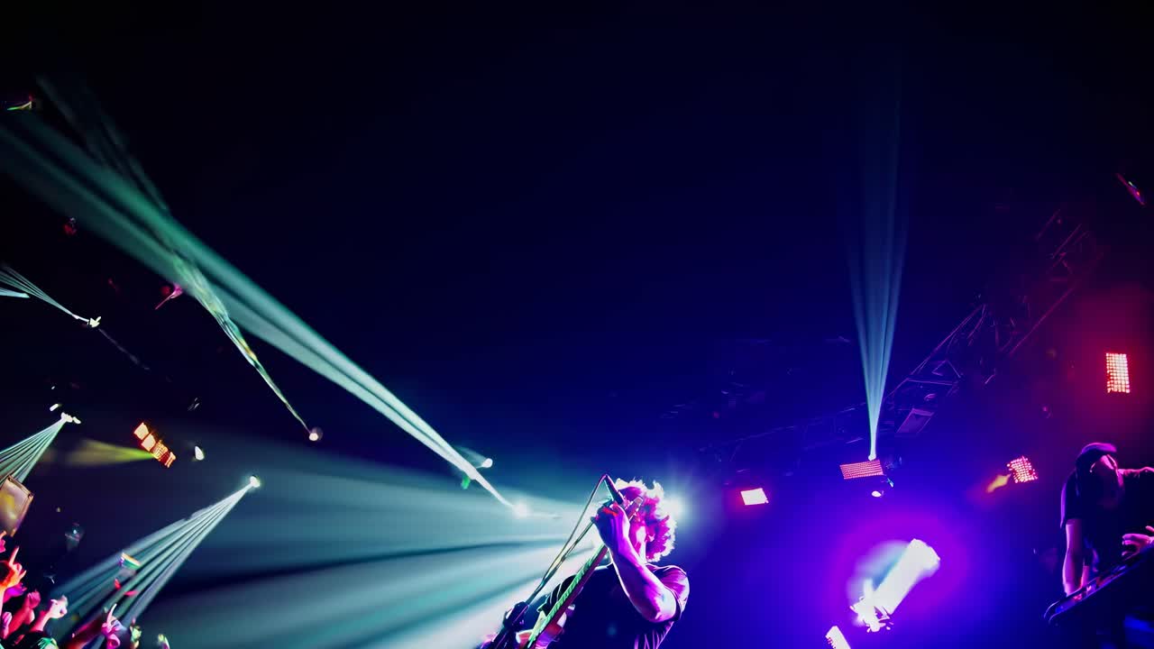 Dynamic concert video scene with vibrant stage lights and energetic performers