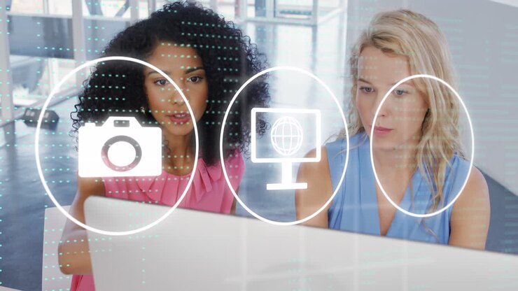 Animation of connections with icons over diverse business people in office