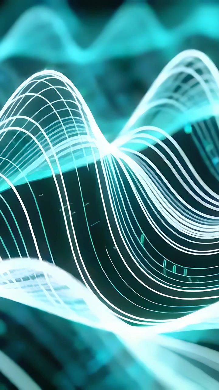 Vertical video: Playback starting teal parallel lines rippling across dark space, revealing ridges