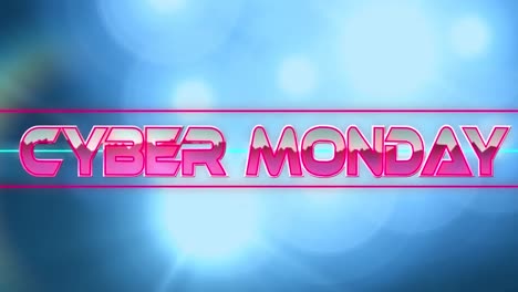 Digitale-Animation-Von-Cyber-Monday-Text-über-Neonbanner-Vor-Lichtflecken-Auf-Blauem-Hintergrund