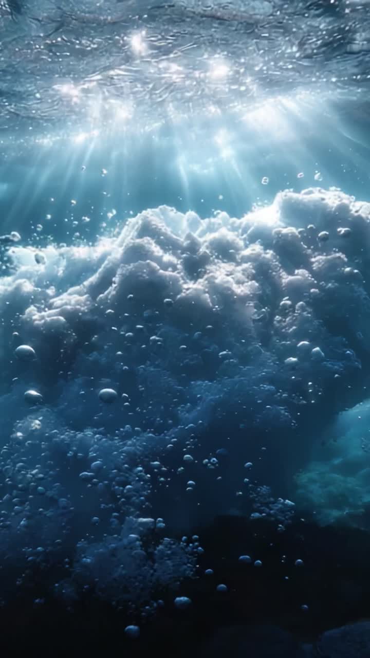 A Serene Underwater Scene Capturing the Beautiful Play of Light and Bubbles Through the Ocean's Surface and Dense Aquatic Clouds