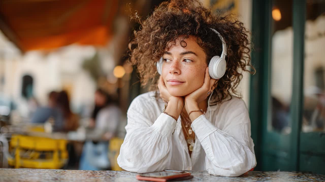 A young woman with curly hair listens to music through headphones, enjoying her time at a cafe while reflecting in a relaxed and contemplative mood
