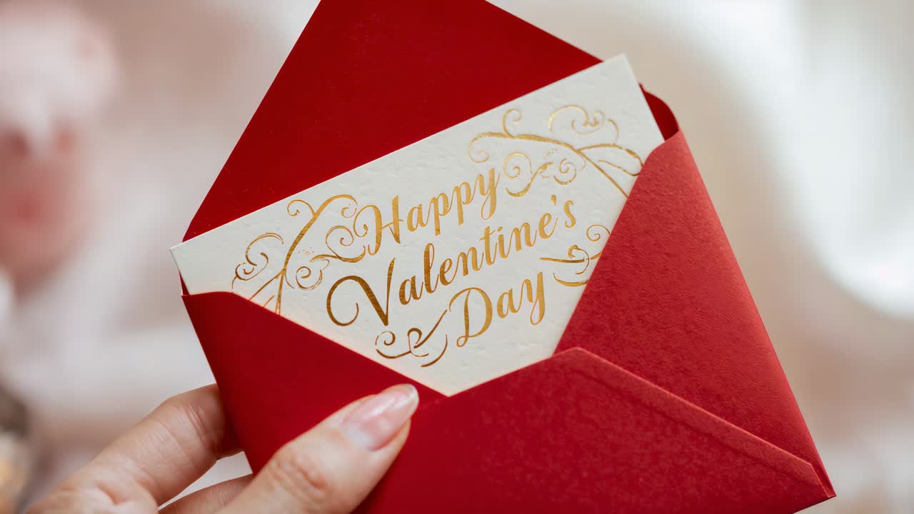 Sliding hand, thumb shifting, revealing gold foil greeting from red envelope and white card at home