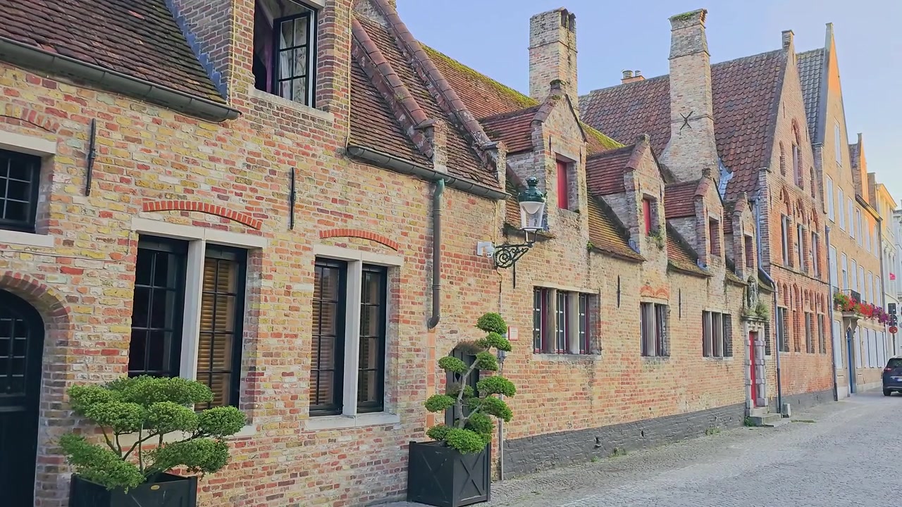 Rue européenne historique avec de vieilles maisons en briques, des toits de tuiles, de hautes cheminées, des fenêtres à cadres noirs, une rue pavée, un lampadaire décoratif et des arbres en pot bien entretenus dans une charmante ville