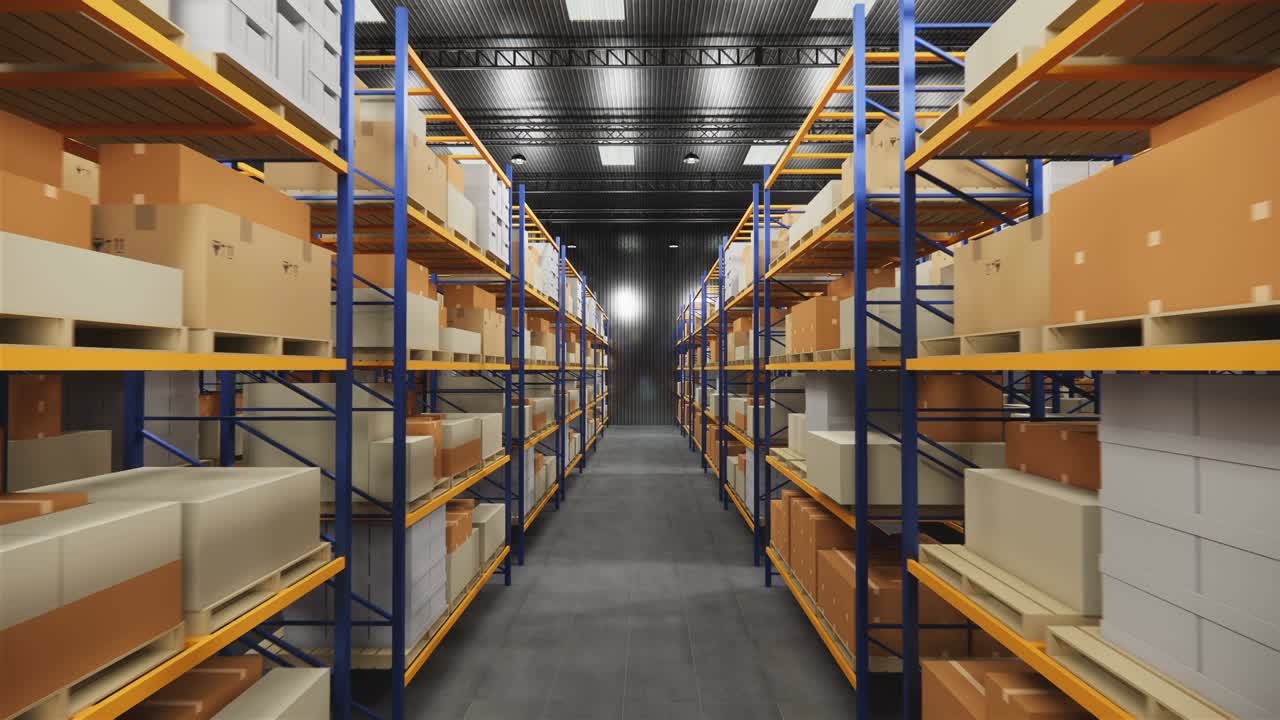 Warehouse with cardboard boxes inside on pallets racks, logistic center. Loft modern warehouse. Cardboard boxes on a conveyor belt in a warehouse, 4K 3D rendering  animation .