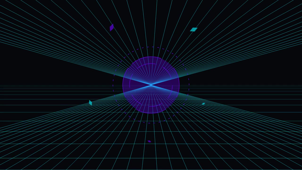 Retro Synthwave Grid Background with Pulsing Circular Graphic