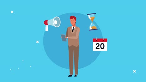 elegante hombre de negocios con iconos de negocios establecidos animación de personajes