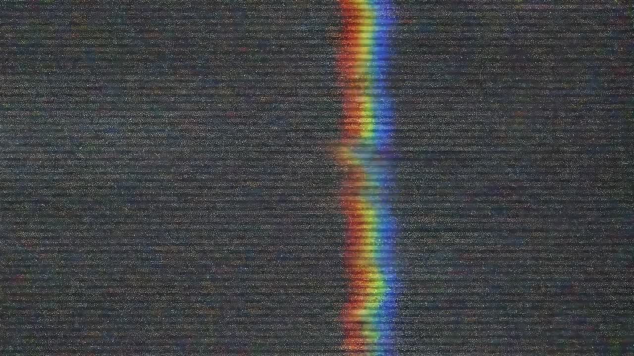 Retro video glitch effect with a rainbow line, viewed from a straight-on angle