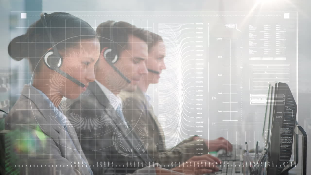 animación del procesamiento de datos financieros sobre personas de negocios que trabajan en la oficina