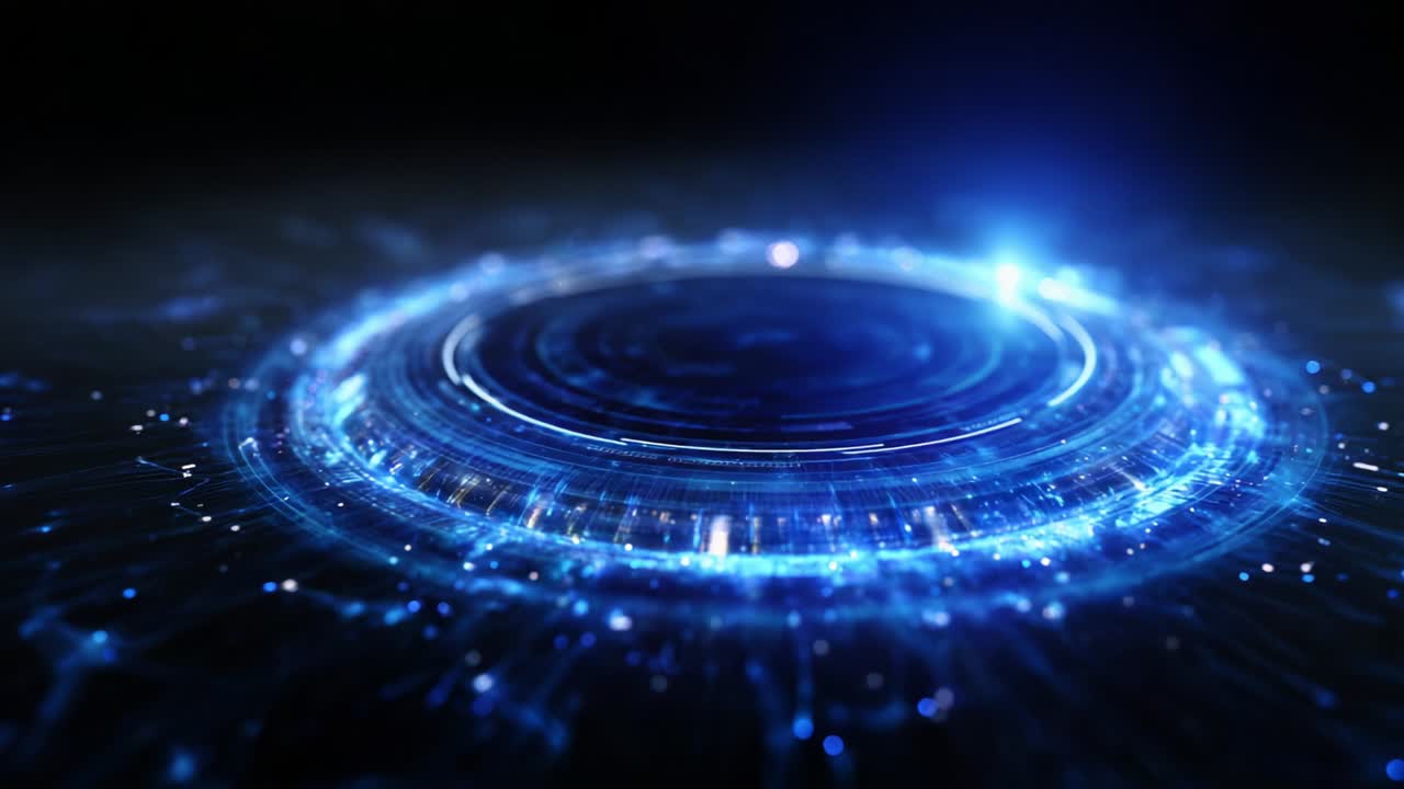 A mesmerizing visual representation of a futuristic circular interface, pulsating with vibrant blue light and intricate digital patterns, creating a captivating atmosphere that evokes a sense of advanced technology and infinite possibilities
