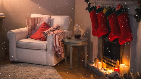 falling snow with christmas home fire and stockings