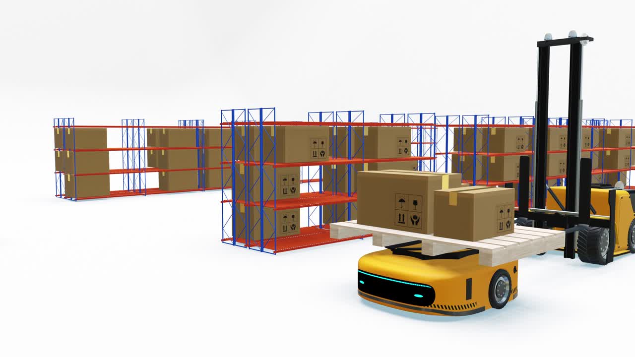 imágenes de 4k de la máquina de agv trabajando, dentro del almacén, diseño de ubicación simulada