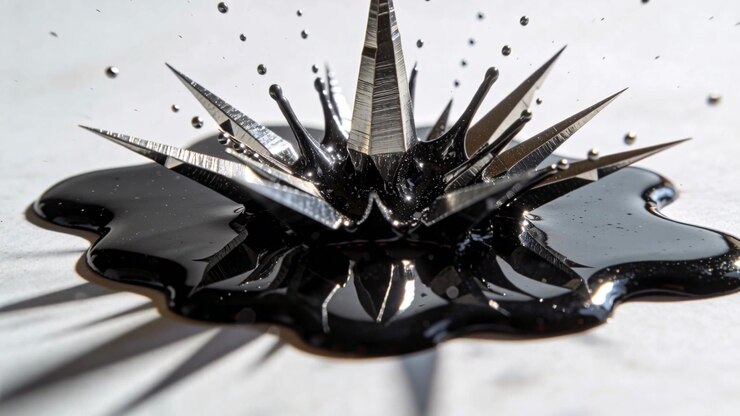Forming black ferrofluid spikes around magnet core on white table, throwing droplets from magnet