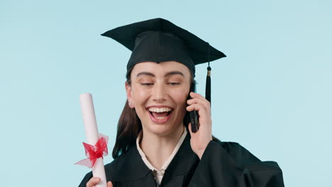 phone call, graduate and woman with certificate